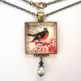 Red Robin Bird Crown Glass Pearl Pendant Brass Necklace Vintage Charm