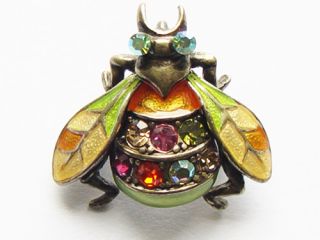   Crystal Enamel Wings Housefly Bee Bug Beetle Orange Green Brooch Pin