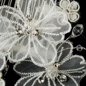 White or Ivory Silver Crystal Organza Flower Bridal Hair Comb
