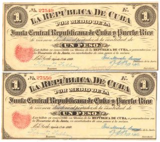  Banknotes of 1 Peso 1869 Military Joint of Cuba Puerto Rico