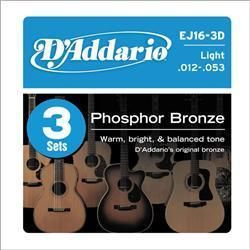Addario EJ16 Phosphor Bronze Light Acoustic Guitar Strings 3 Pack