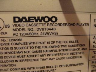 Daewoo DV6T844B DVD VCR Combo Player 6 Head HiFi Stereo Recorder