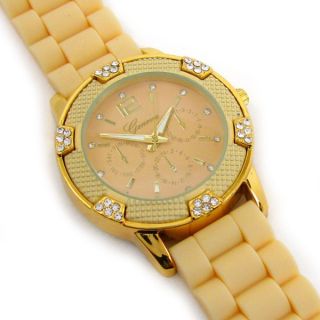 BEIGE GOLD Silicone Rubber Band Geneva Crystal Womens WATCH