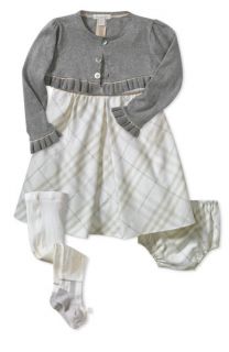 Burberry Metallic Cardigan, Check Dress & Bow Tights (Infant)