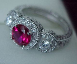  ORNATE Antique Estate style 3 Stone Created Ruby & Signity CZ 925 Ring