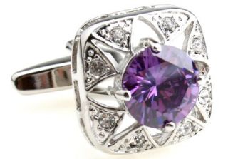 Cufflinks Silver Purple Swarovski Crystal Round Wedding Groom Vintage