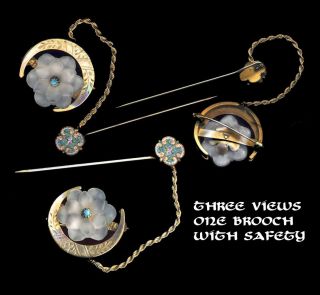 Brooch Victorian Crescent Moon Rock Crystal Flower Micromosaic Guard