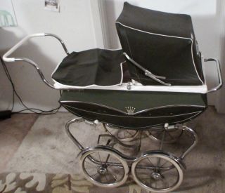  baby stroller carriage crib antique metal olive green kids toy vintage