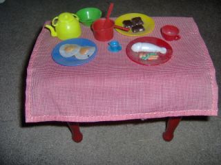 Vintage Toy Wooden Kitchen Table w Accessories Cute