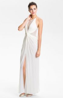 BCBGMAXAZRIA Lace Inset Knot Front Silk Chiffon Gown