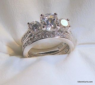  Estate Style 3 Stone CZ Wedding Ring Set 14k White Gold 925