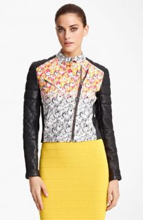Yigal Azrouël Leather & Floral Ikat Print Jacket