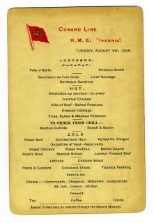 1908 Cunard Line RMS IVERNIA Luncheon Menu Embossed Gold Lion