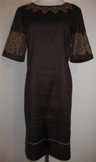 DANA BUCHMAN Brown Embroidery Dress Linen Blend Short Sleeve Size Sz