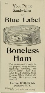 1899 Ad Curtice Blue Label Canned Boneless Ham Meat Pork Food Picnic