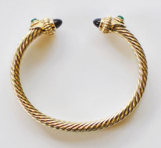 David Yurman 14KT Gold Bangle Bracelet Cabochon Amethyst & Emerald