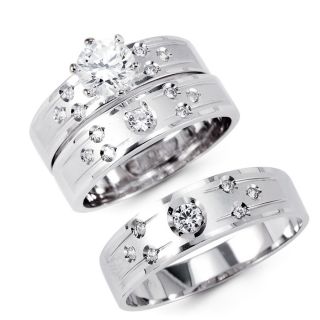 14k solid white gold cz engagement wedding 3 ring set