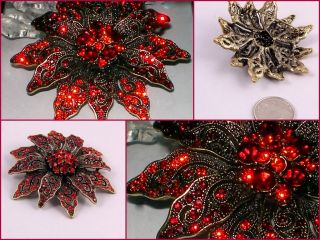  Antique D Red Rhinestone Christmas Flower Poinsettia Brooch Pin