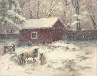 Sepos Daily Painting a Day Snowy Day, Wooly Sheep ewe & lambs farm