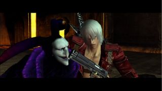 Dante holding a gun on Arkham in his Jester form in Devil May Cry 3