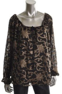 Dallin Chase New Black Sequined Tie Neck Long Sleeve Blouse Top Shirt
