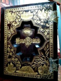 Antique Family Bible Unmarked Clasp Illuminated Apocrypha Color Plates