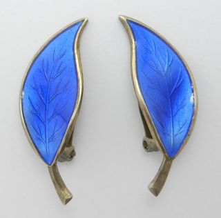 David Andersen Norway Enamel Blue Leaf Earrings