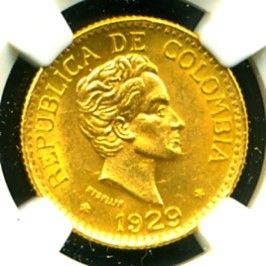 1929 Colombia Gold Coin 5 Pesos NGC Certified Graded MS 65 Gorgeous
