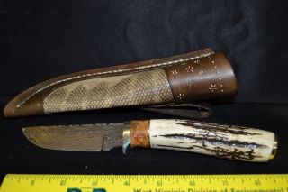 Herb Derr Damascus Knife w Snakeskin Sheath
