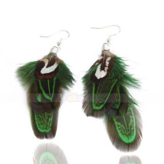 Charming Goose Feather Eardrop Dangle Earrings Green Brown White