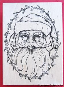 Santa Claus Fir Framed Evergreen Garland Christmas Rubber Stamp