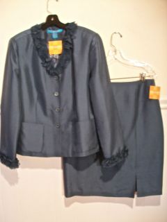  DEBRA MCGUIRE 14 Silk Shantung Jacket Skirt Suit Steel Blue w