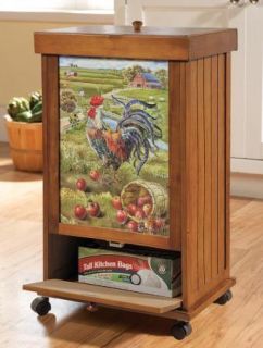 Rolling Wooden Rooster Trash Can Country Kitchen New