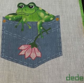 70s Needlepoint Canvas Dede Frog in Jean Pocket 9 x 9 Inch