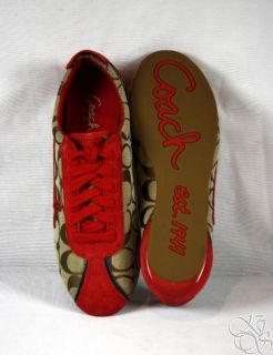 Coach Devin 12cm Signature C Suede Khaki Red Womens Sneakers Shoes New