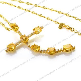  18K Yellow Gold Diamond and Citrine Crucifix Pendant Necklace