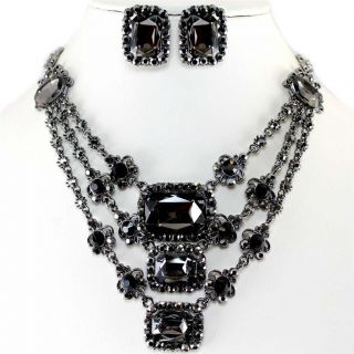 Chunky Black Diamond Crystal Statement Bib Evening Necklace Set