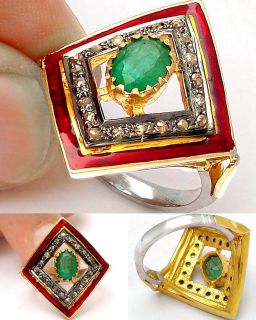  ZAMBIAN EMERALD DIAMOND 18K RED INLAY STERLING SILVER RING RC898