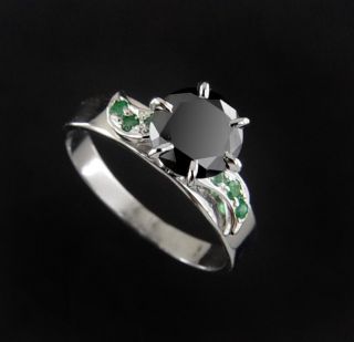 52 Ct. Round Cut Black Diamond Solitaire Ring With Emerald Stones