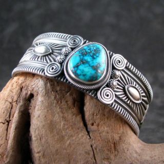 Navajo Delbert Gordon Sterling Silver Morenci Turquoise Cuff