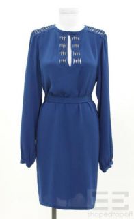 Diane von Furstenberg Blue Silk & Gold Beaded Belted Dress Size 6