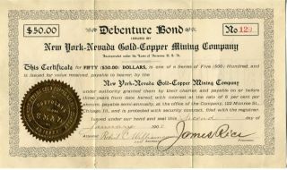 Debenture Bond New York Nevada Gold Copper Mining Company 1908