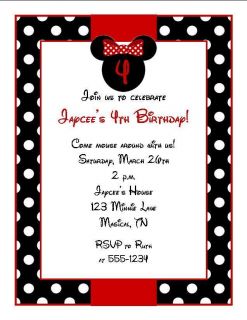 Personalized Minnie Mouse Birthday Party Invitations Red or Pink