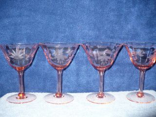  Vintage 4 Etched Pink Depression Glass Goblets