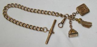 Antique Victorian Gold Fill Watch Chain Bracelet 3 Fobs Locket,Wax
