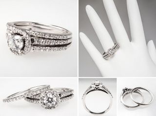 Diamond Halo Engagement Ring Wedding Set Solid 14k White Gold Estate
