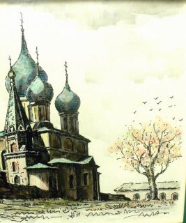 RUSSIAN INK PAINTING OF CHURCH BY DMITRI SAZONOV