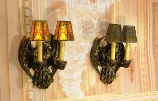 Pair of Antique Gothic Style Black Gold Gargoyle Wall Light Sconces