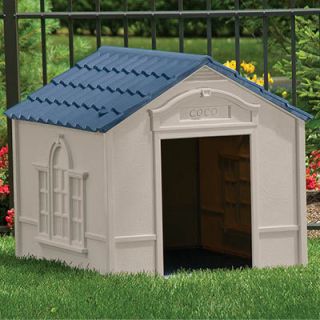 New Suncast Weatherproof Large Dog House   Taupe & Blue