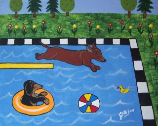 DIVING DACHSHUND Swimming POOL Doxie Weiner Hot DOG Art Original